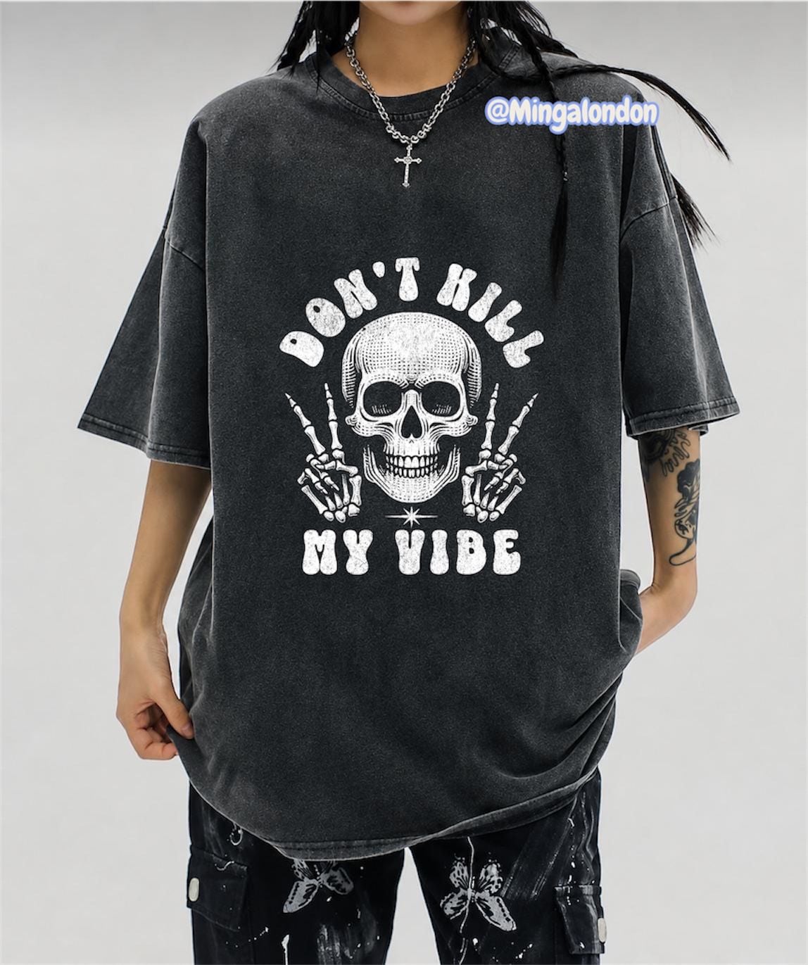 Yıkamalı Kumaş Kuru Kafalı Don't Hıll My Vıbe Baskılı Oversize T-Shirt