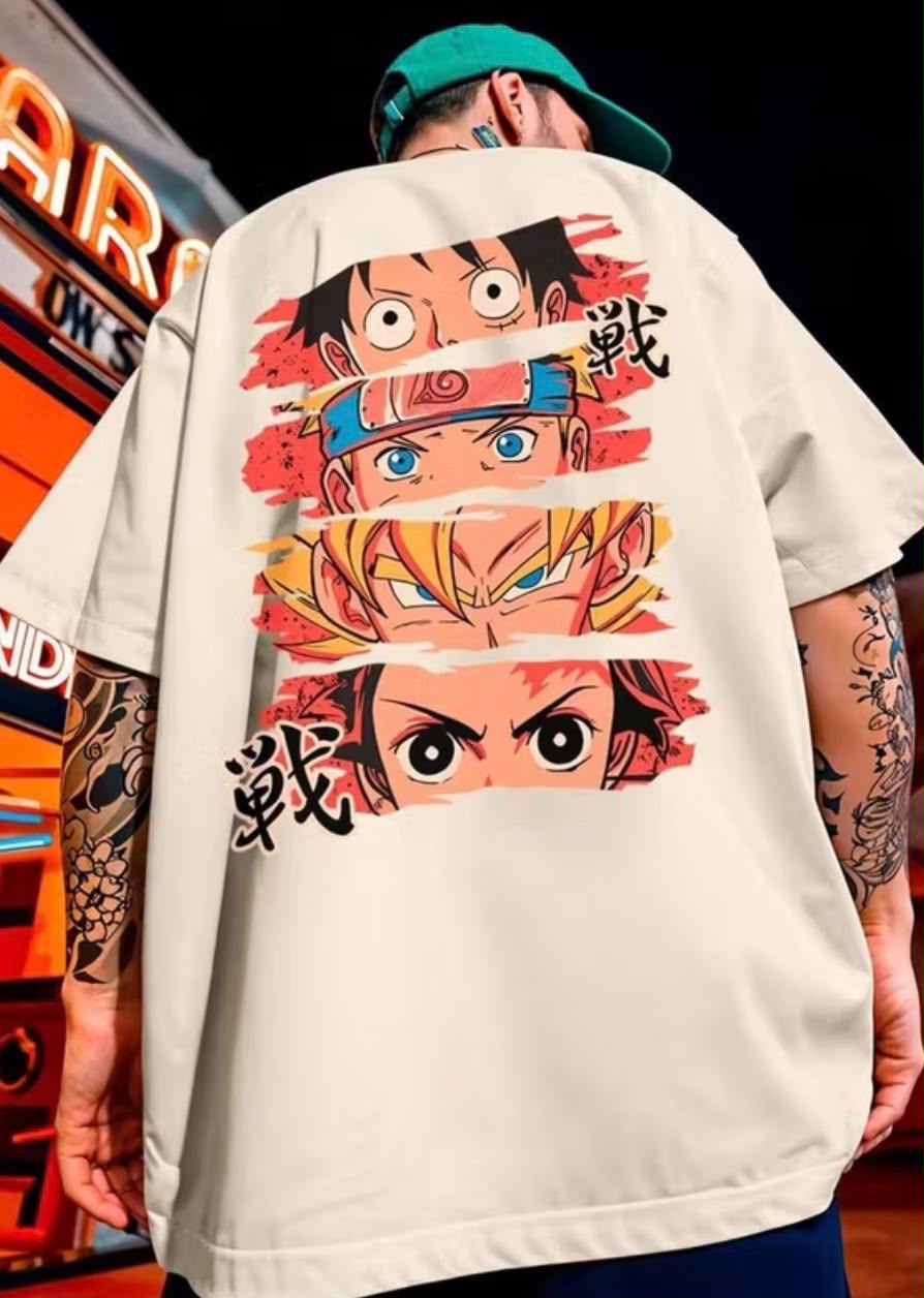 Beyaz Anime Eyes Karma Sırt Baskılı Oversize T-Shirt