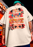 Beyaz Anime Eyes Karma Sırt Baskılı Oversize T-Shirt