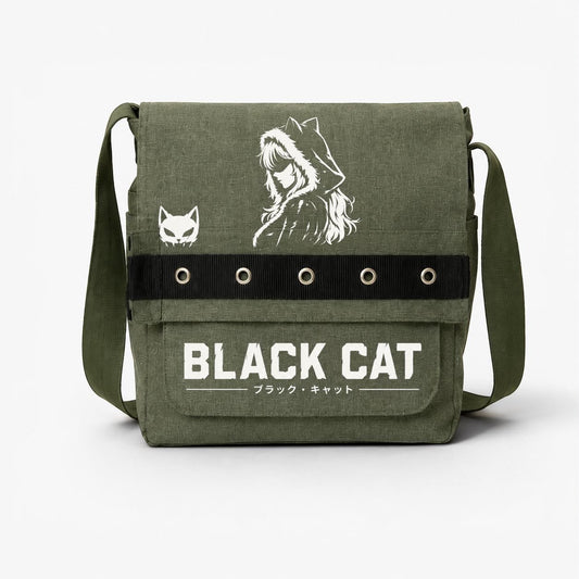 Haki Anime  Black Cat Baskılı Yuvarlak Kuşgözü Postacı Çantası