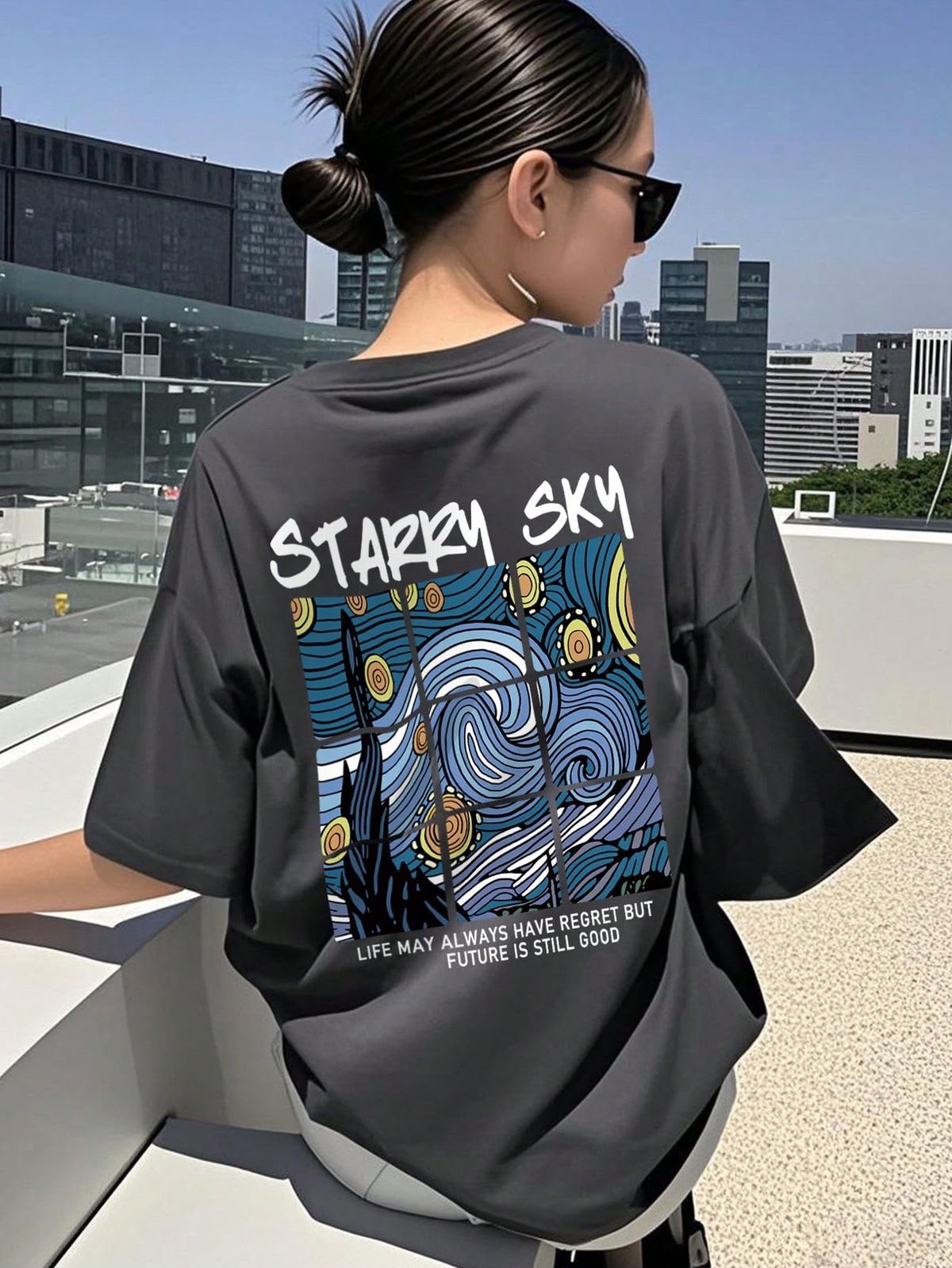 Gri Starry Sky Sırt Baskılı Oversize T-Shirt