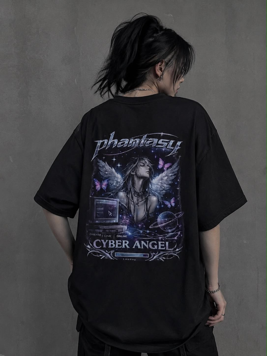 Siyah Phantasy Cyber Angel Sırt Baskılı Oversize T-Shirt