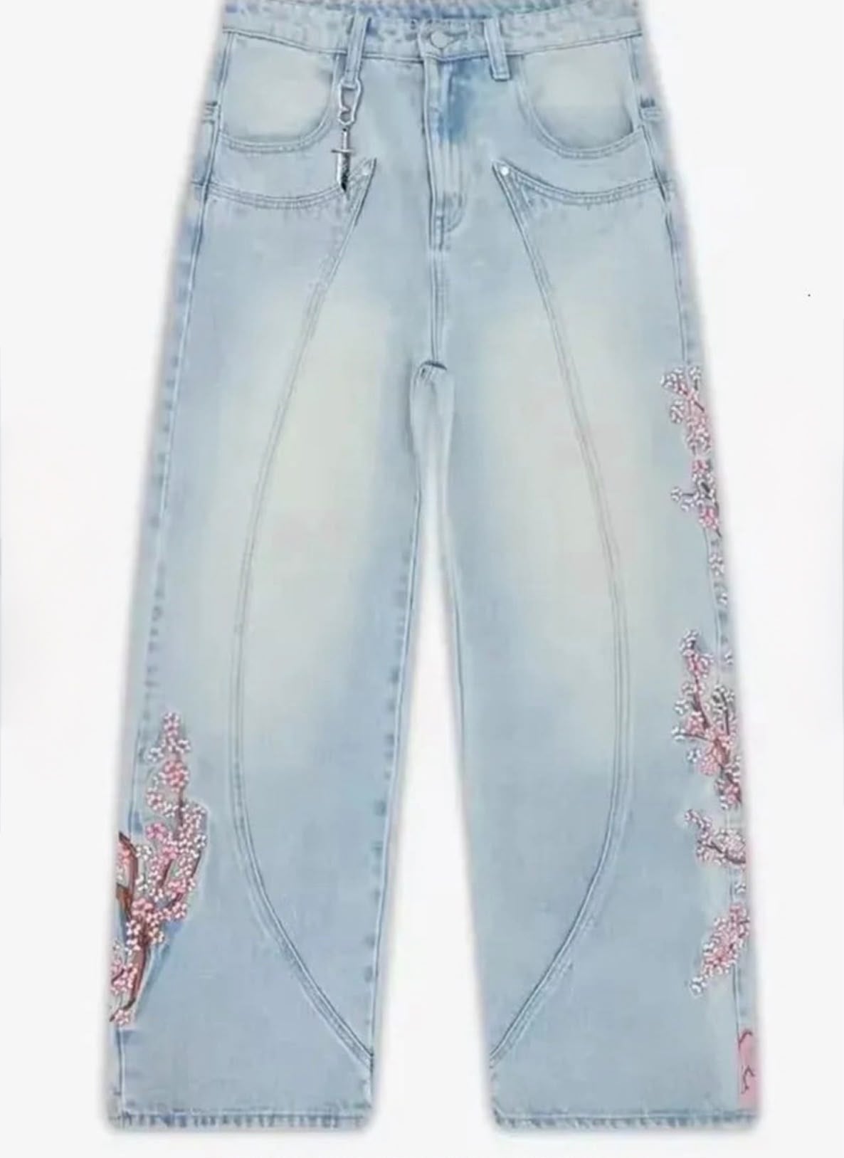 Mavi Sakura Şövalye Nakışlı Y2K Baggy Pantolon