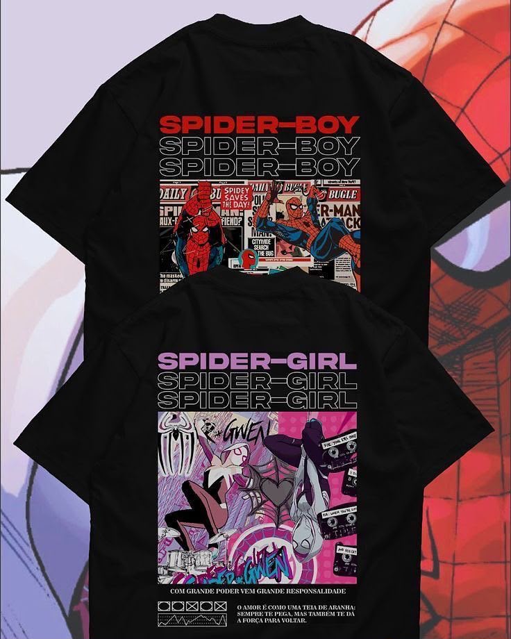 Siyah Spider Girl-Boy Sırt Baskılı 2'li Sevgili Arkadaş Kombin T-Shirt