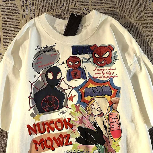 Beyaz Spider-Verse Çizgi Roman Baskılı Oversize T-Shirt