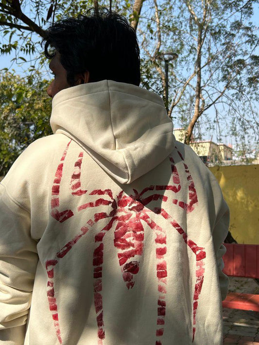 Bej Örümcek Baskılı Oversize Kapüşonlu Sweatshirt