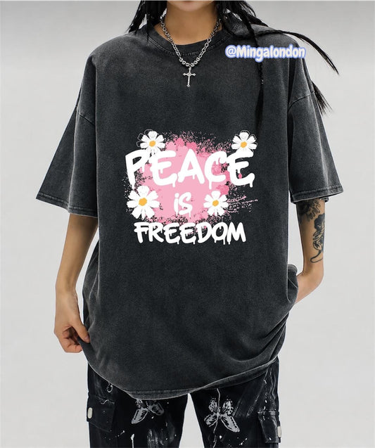 Yıkamalı Kumaş Peace Is Freedom Baskılı Oversize T-Shirt