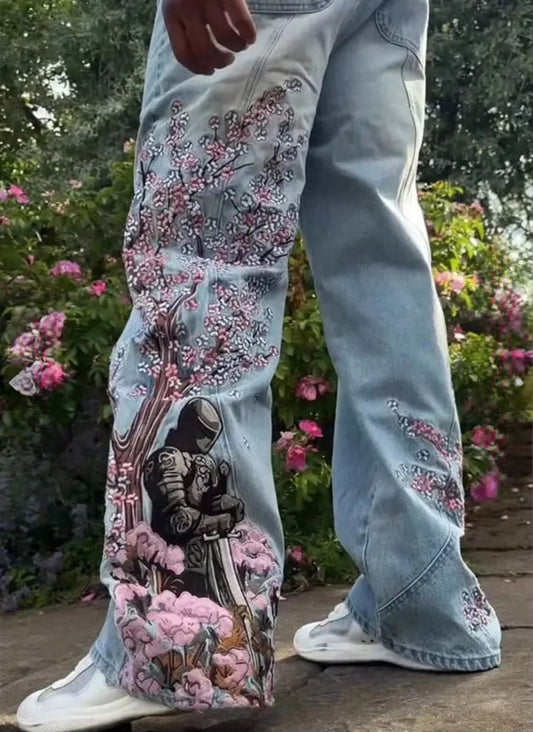 Mavi Sakura Şövalye Nakışlı Y2K Baggy Pantolon