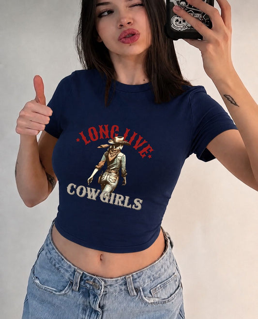 Lonc Lıve Cow Gırls Baskılı Lacivert Kemer Boy Y2K Kısa Kollu Crop