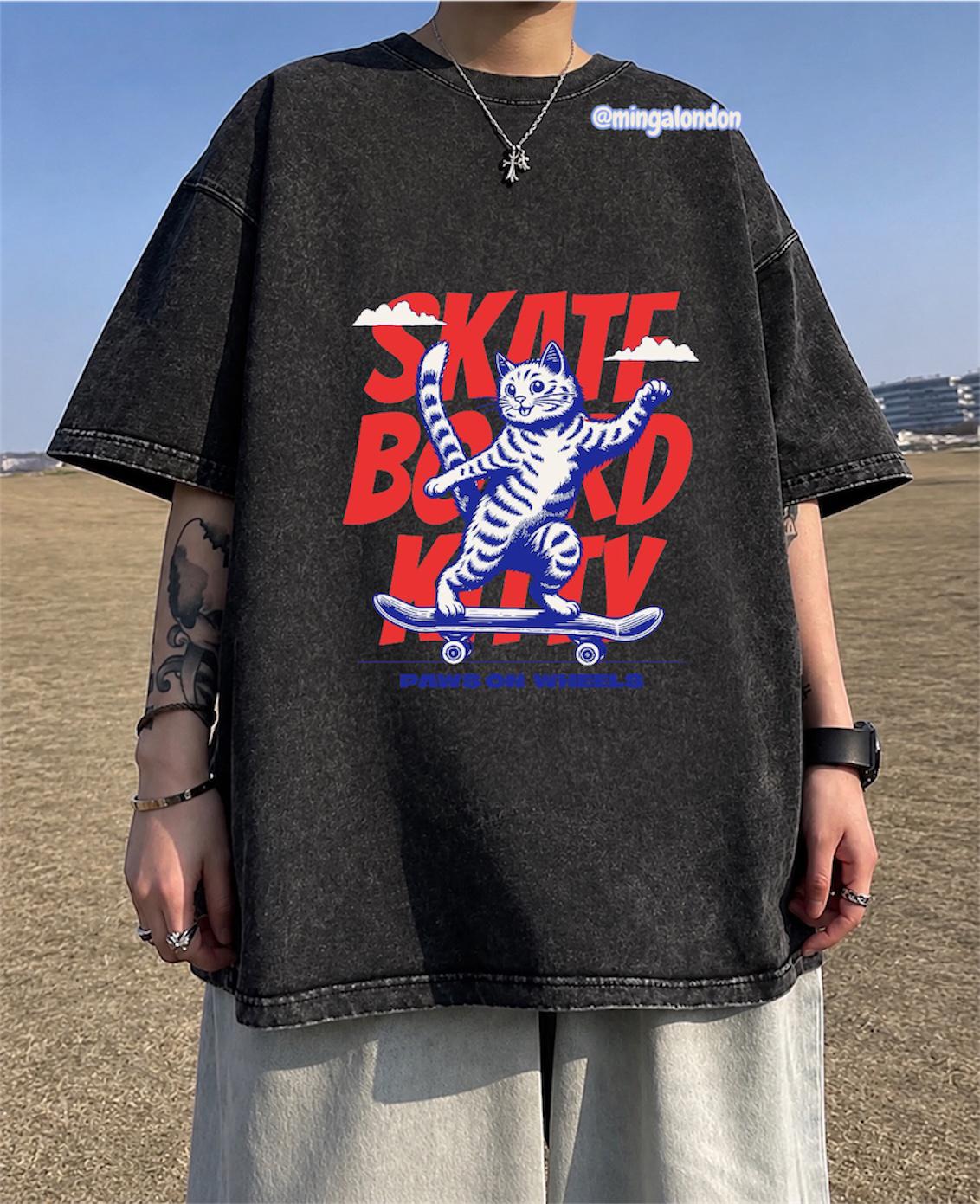 Yıkamalı Kumaş Skate Board Kıtty Baskılı Oversize T-Shirt