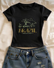 Brazıl Baskılı Siyah Kemer Boy Y2K Kısa Kollu Crop