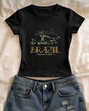 Brazıl Baskılı Siyah Kemer Boy Y2K Kısa Kollu Crop