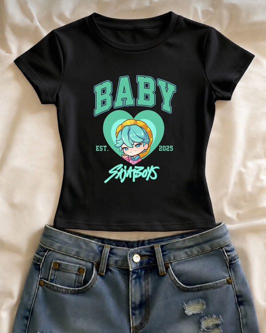 Baby Saja Boys Baskılı Siyah Kemer Boy Y2K Kısa Kollu Crop