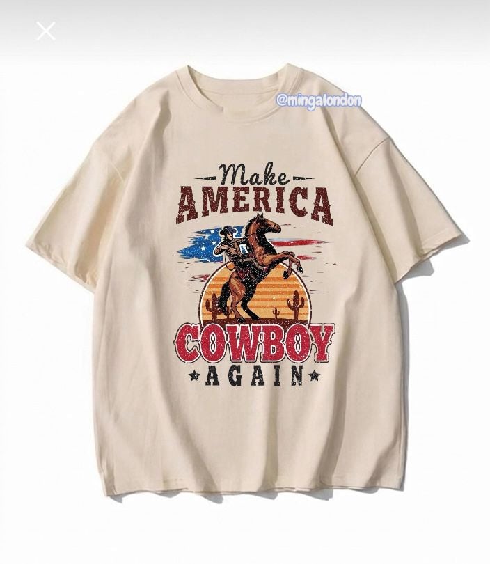 Make Amerıca Cowboy Agaın Baskılı Bej T-Shirt