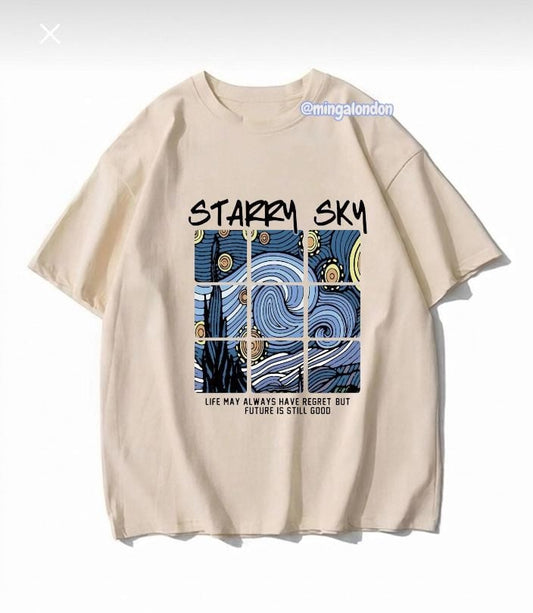 Starry Sky Baskılı Bej T-Shirt