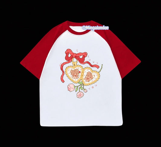 Kırmızı Reglan Kol I Love You Baskılı T-Shirt