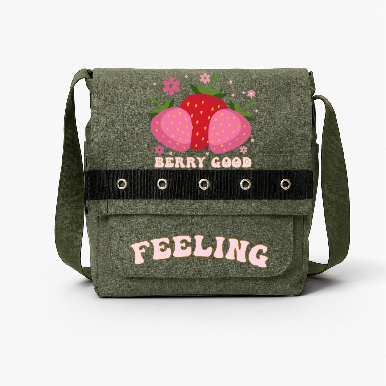 Haki Berry Good Feelıng Baskılı Yuvarlak Kuşgözü Postacı Çanta