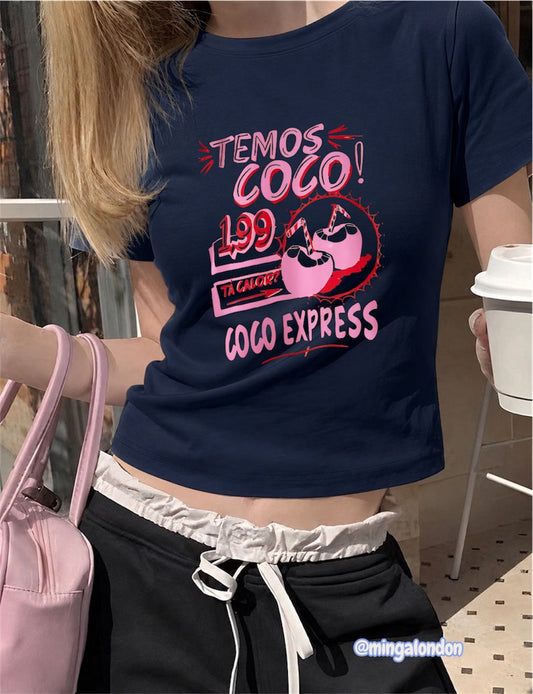 Temos Coco Coco Express Baskılı Lacivert Kemer Boy Y2K Kısa Kollu Crop