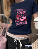Temos Coco Coco Express Baskılı Lacivert Kemer Boy Y2K Kısa Kollu Crop