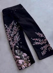 Siyah Sakura Şövalye Nakışlı Y2K Baggy Pantolon