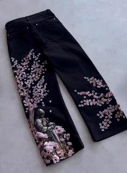 Siyah Sakura Şövalye Nakışlı Y2K Baggy Pantolon