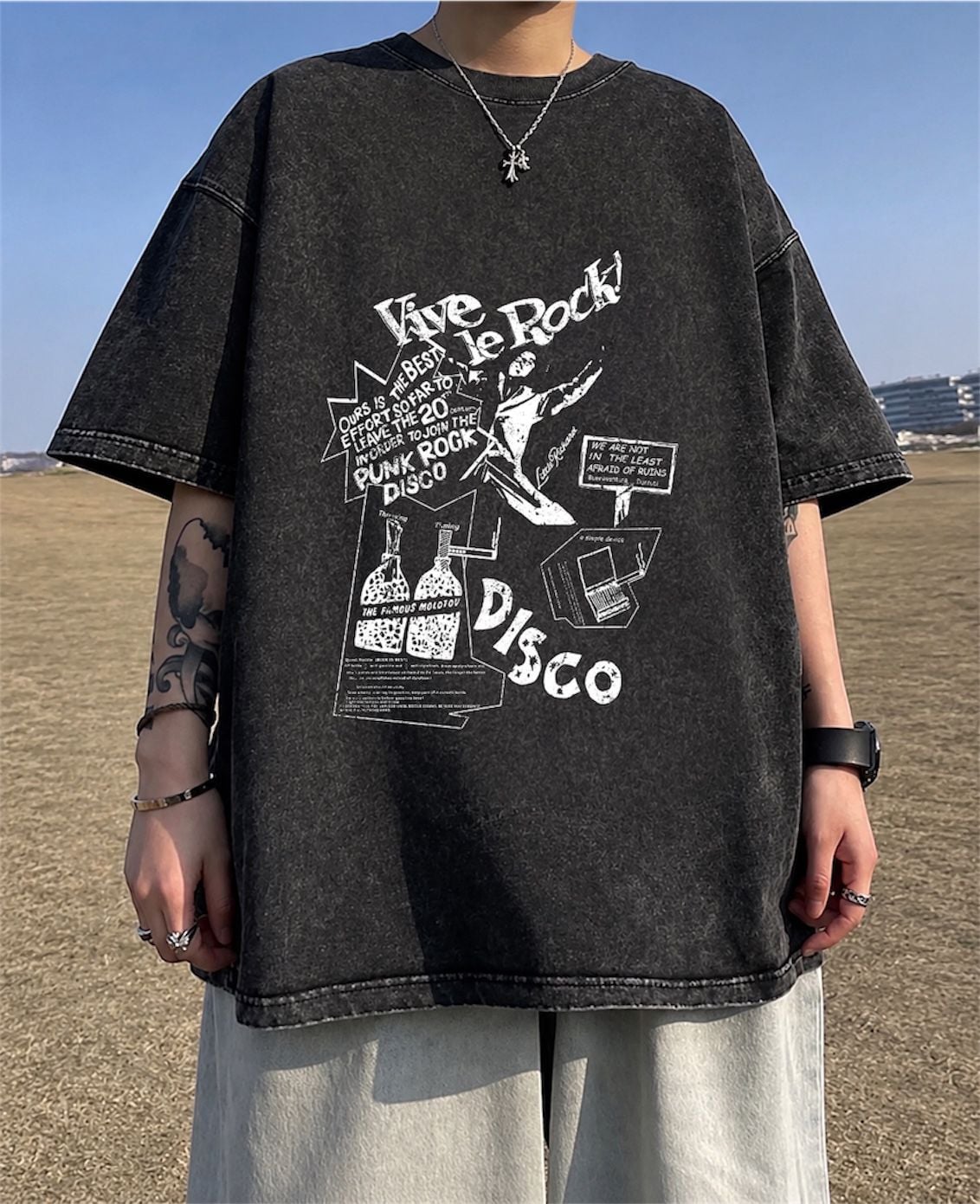 Yıkamalı Kumaş Vive Le Rock Dısco Baskılı Oversize T-Shirt