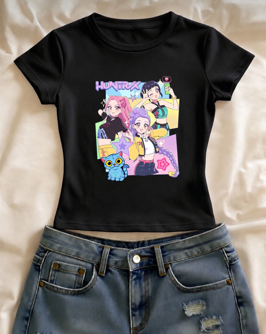 Huntrix Anime Baskılı Siyah Kemer Boy Y2K Kısa Kollu Crop