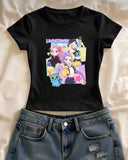 Huntrix Anime Baskılı Siyah Kemer Boy Y2K Kısa Kollu Crop