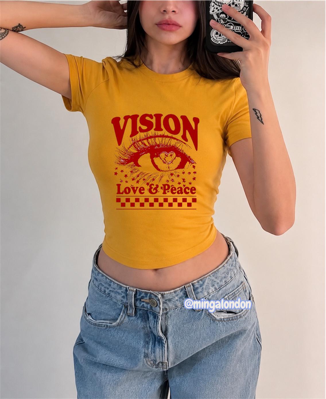 Vısıon Love & Peace Baskılı Kemer Boy Y2K Kısa Kollu Crop