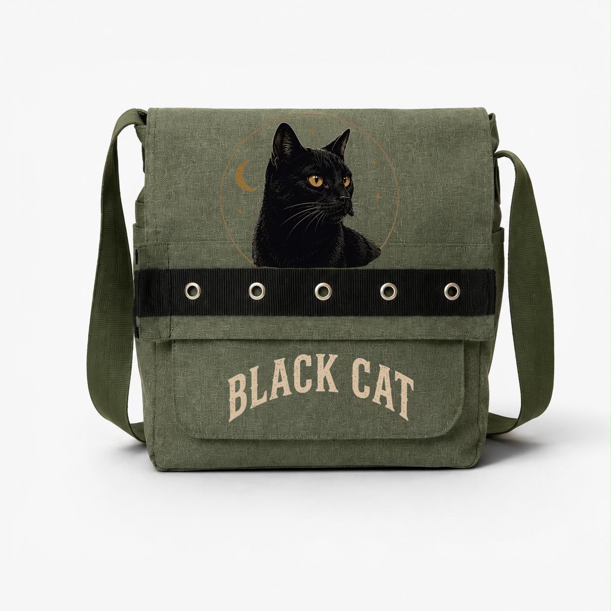 Haki Black Cat Baskılı Yuvarlak Kuşgözü Postacı Çantası