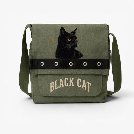 Haki Black Cat Baskılı Yuvarlak Kuşgözü Postacı Çantası