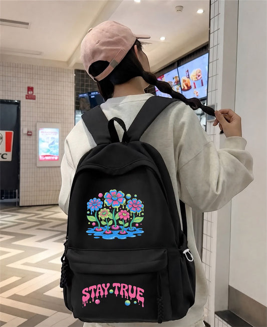 Siyah Stay True Flower Baskılı Okul Dershane Kurs Sırt Çantası