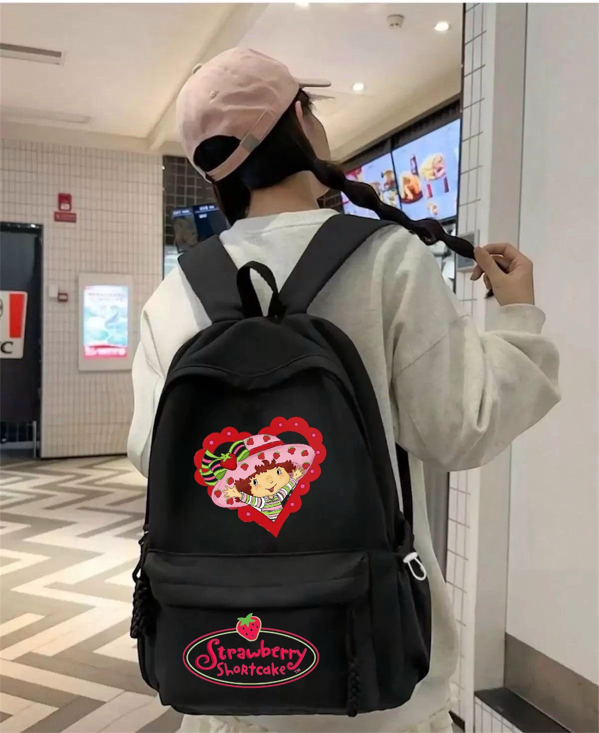 Siyah Strawberry Kalp Baskılı Okul,Dershane,Kurs Sırt Çantası