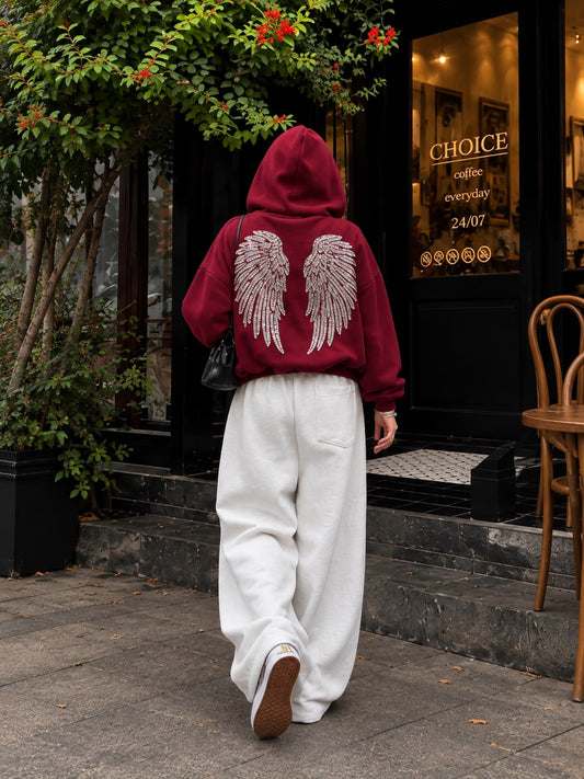 Sırtı Pul İşlemeli Melek Kanadı Oversize Kapüşonlu Sweatshirt