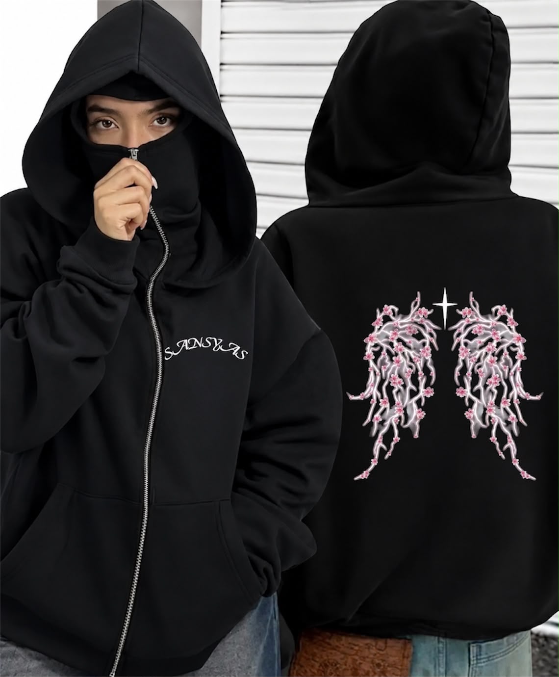 Gothic Butterfly Baskılı Oversize Bacalava Maskeli Sweatshirt