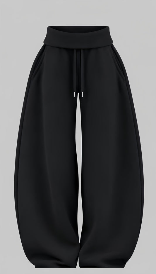 Siyah Wide Leg Bol Paça İpli Eşofman Altı
