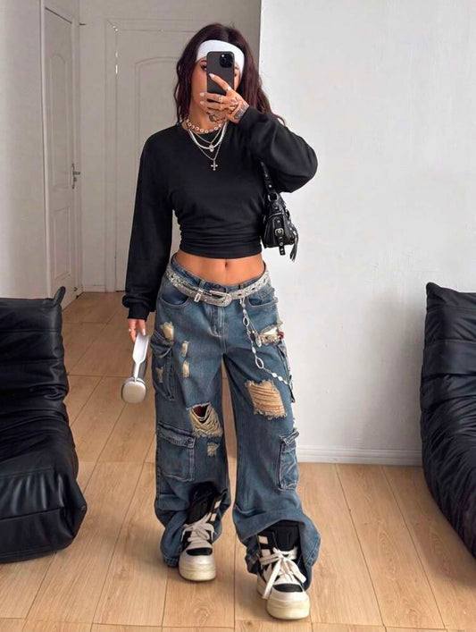 Looc Uzun Kol Bel Büzgülü Likralı Body