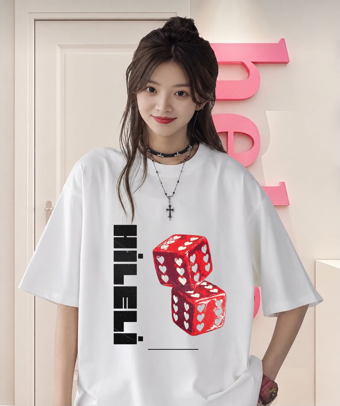 Beyaz Hileli Baskılı T-Shirt