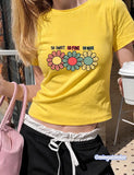 So Sweet So Fıne So Nıce Baskılı Sarı Kemer Boy Y2K Kısa Kollu Crop