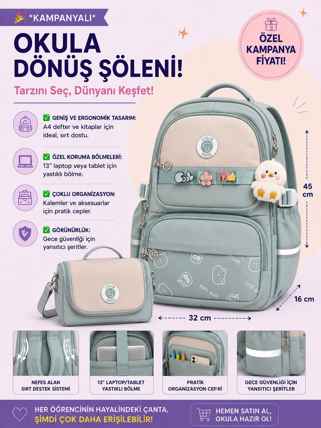 Color Bags 13'' Laptop Bölmeli 2'li Ve Kalemlikli Okul Çantası Seti - Su Yeşili