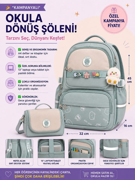 Color Bags 13'' Laptop Bölmeli 2'li Ve Kalemlikli Okul Çantası Seti - Su Yeşili