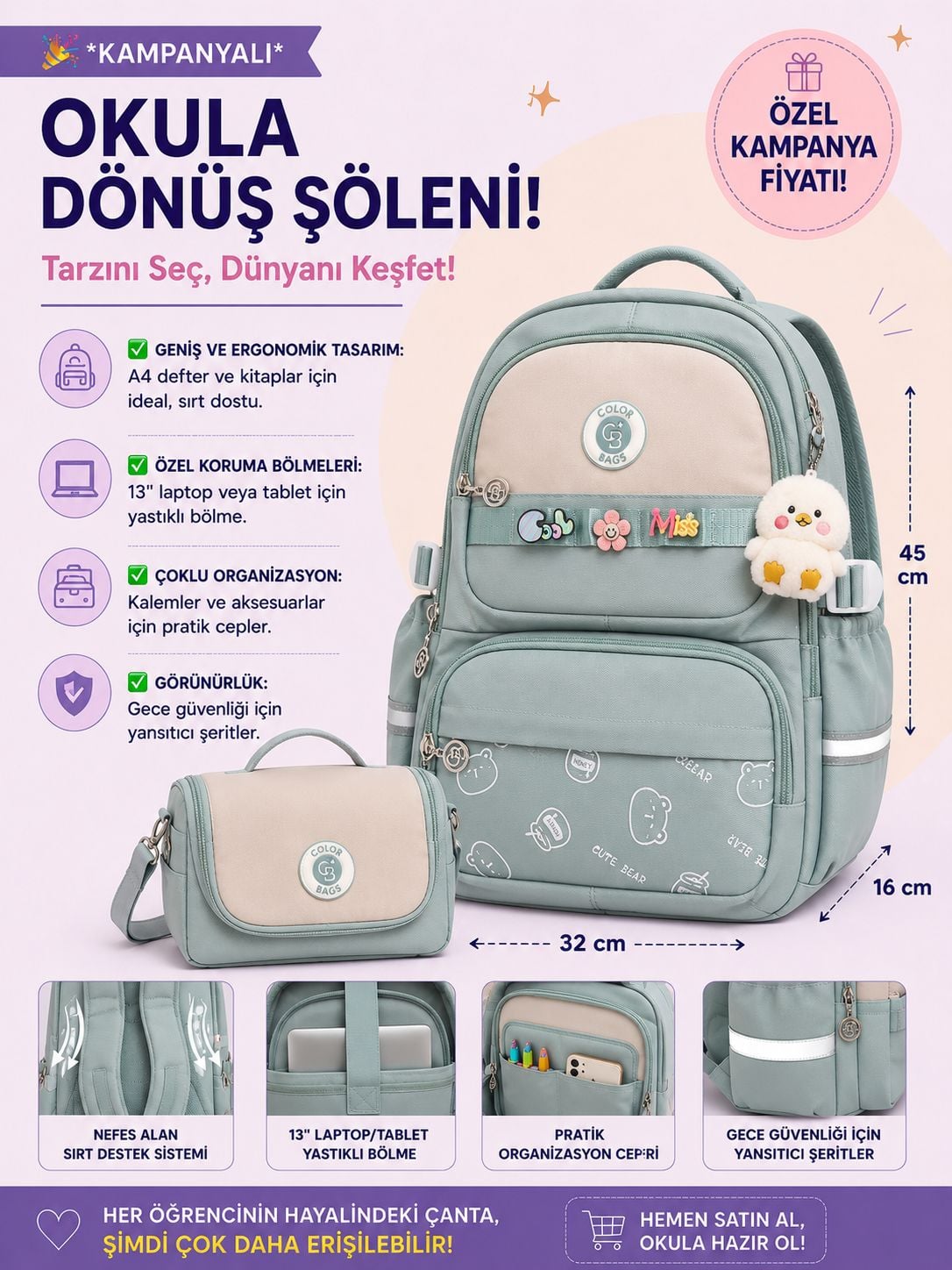 Color Bags 13'' Laptop Bölmeli 2'li Ve Kalemlikli Okul Çantası Seti - Su Yeşili