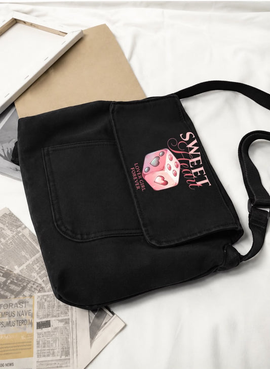 Siyah Sweet Heart Lover Gırl Baskılı KOT Postacı Çanta