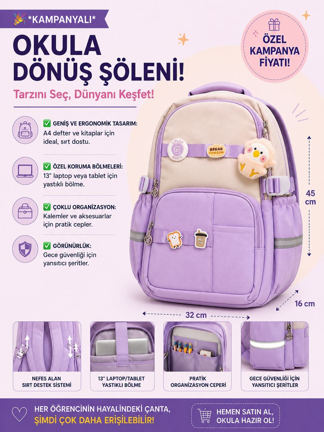 Color Bags 13'' Laptop Bölmeli Okul Çantası  - Mor-Bej