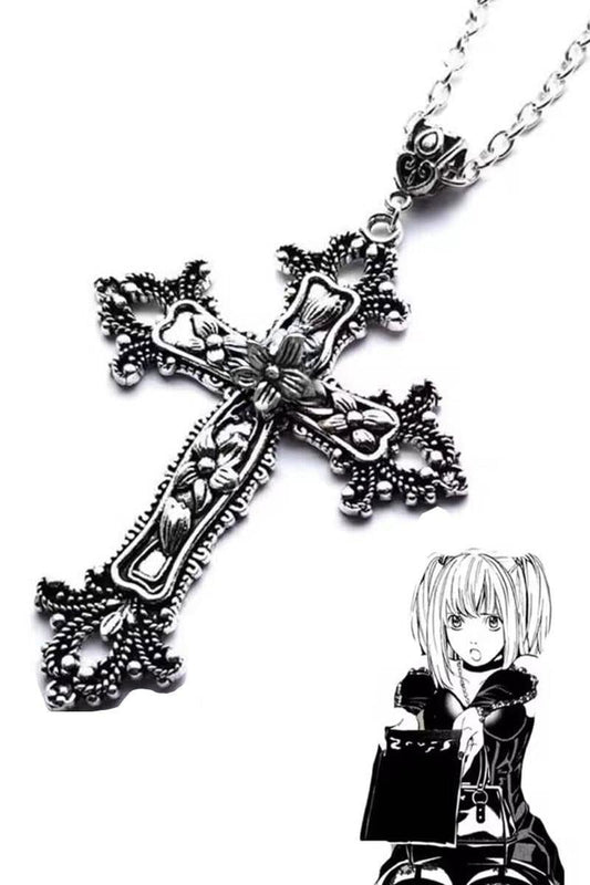 Silver Anime Misa Çiçek Motifli Haç Kolye