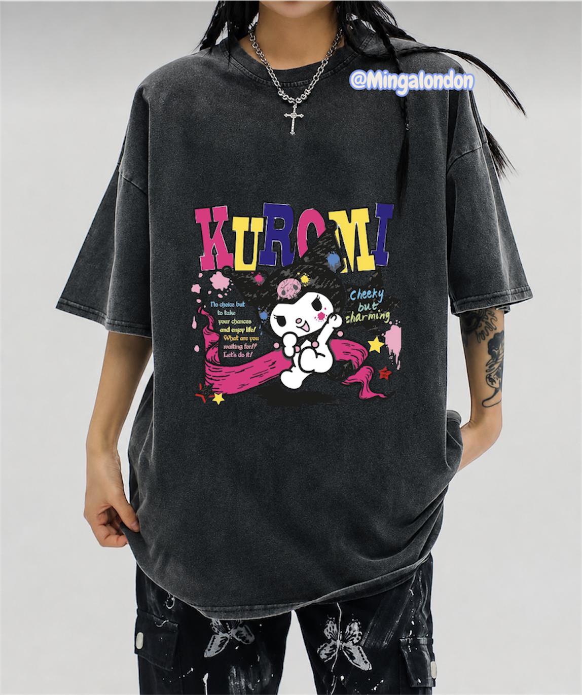 Yıkamalı Kumaş Renkli Yazılı Kuromi Baskılı Oversize T-Shirt