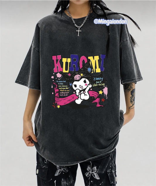 Yıkamalı Kumaş Renkli Yazılı Kuromi Baskılı Oversize T-Shirt