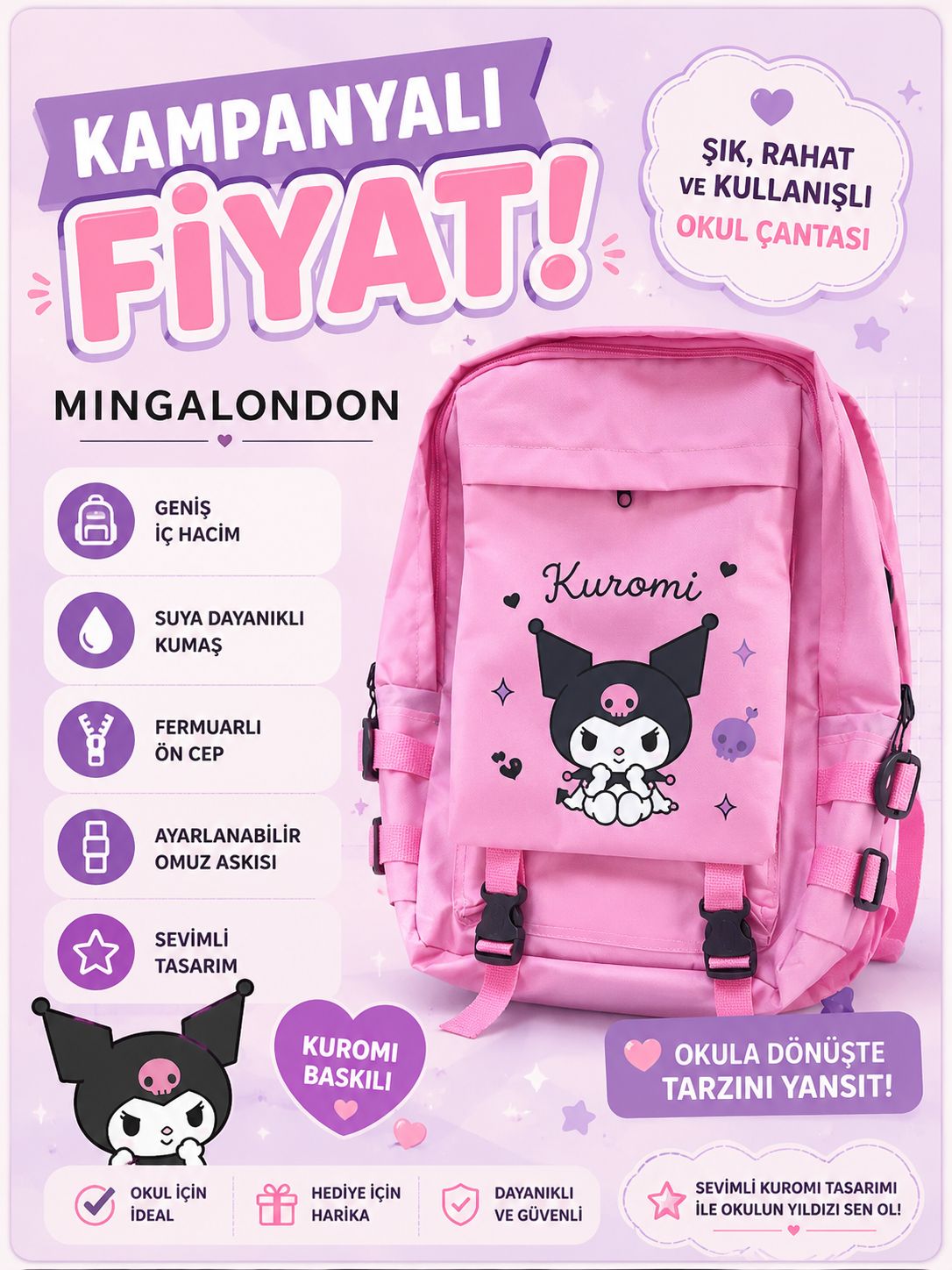 Color Bags  Okul Çantası - Pembe Kuromi