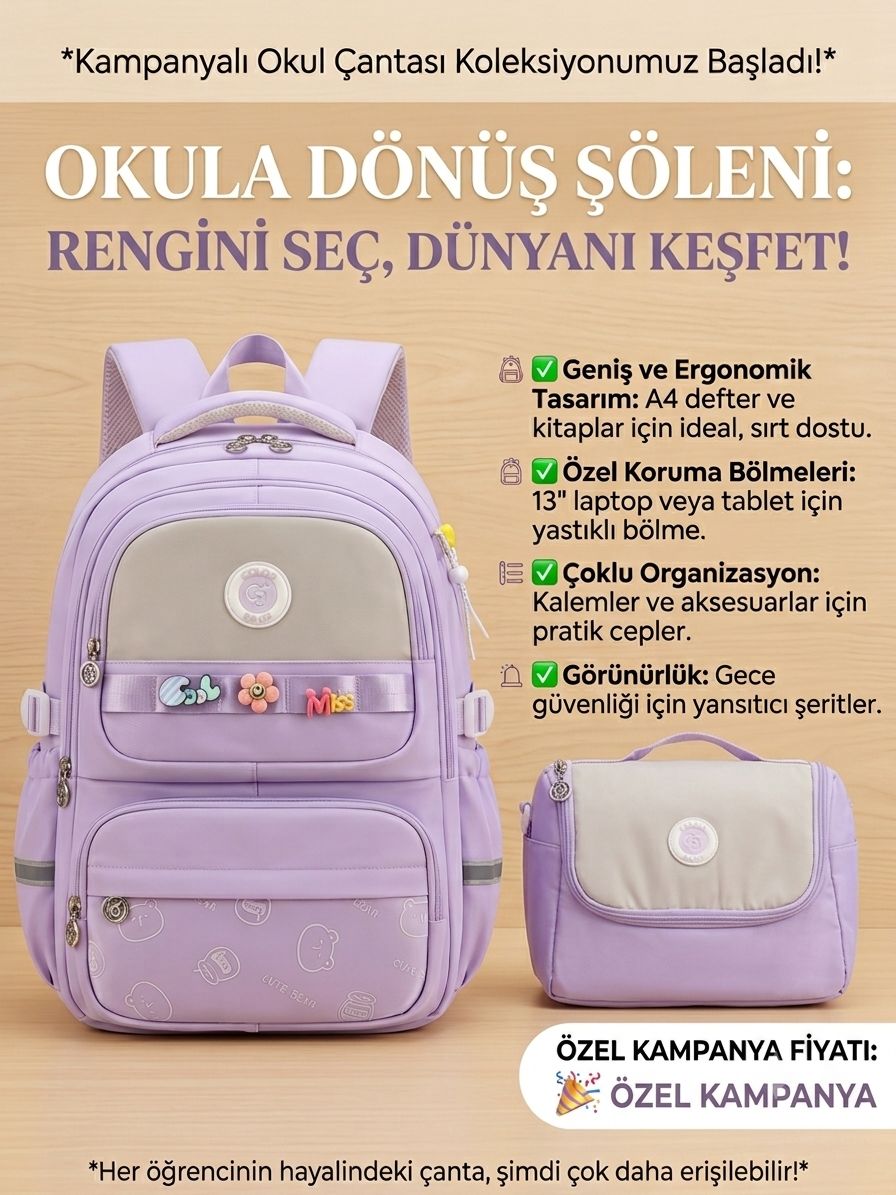 Color Bags 13'' Laptop Bölmeli 2'li Ve Kalemlikli Okul Çantası Seti - mor