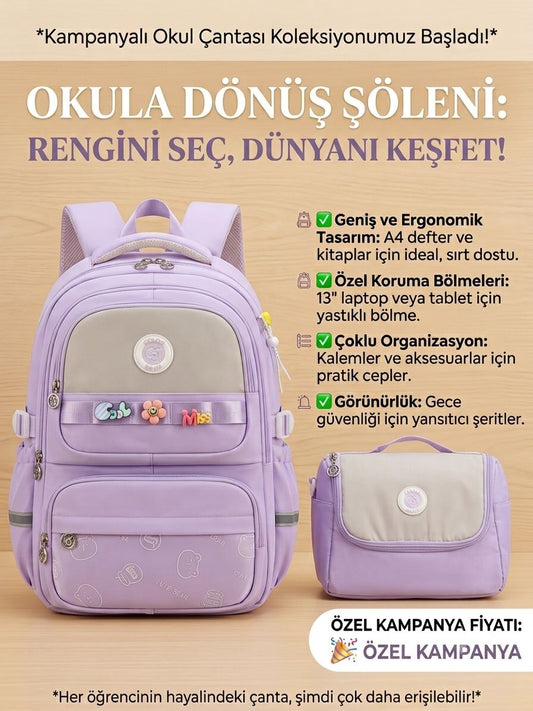 Color Bags 13'' Laptop Bölmeli 2'li Ve Kalemlikli Okul Çantası Seti - mor